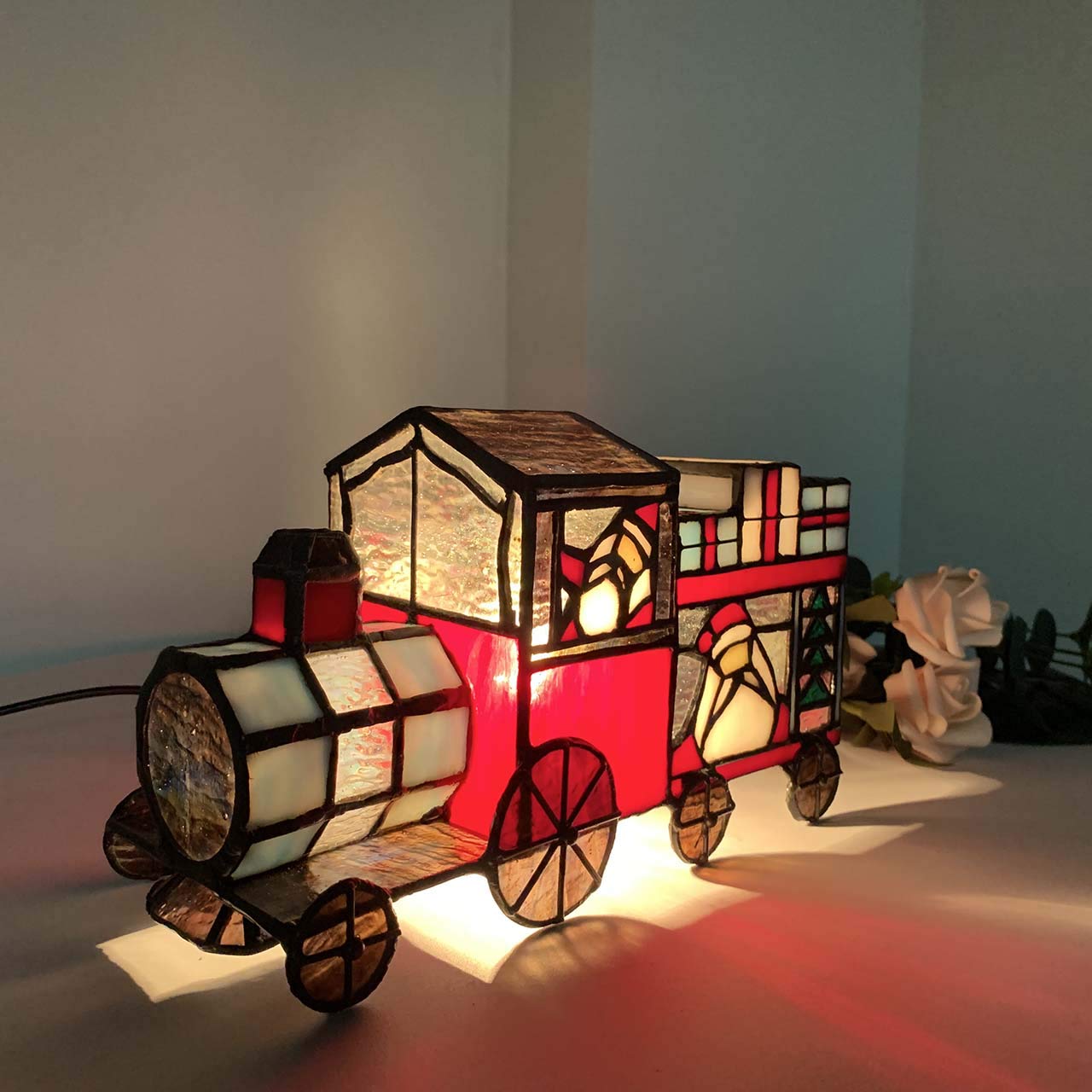 Bieye L10775 Christmas Train Tiffany Style Stained Glass Accent Table Lamp Night Light for Home Decoration, 9" L x 5.5" H