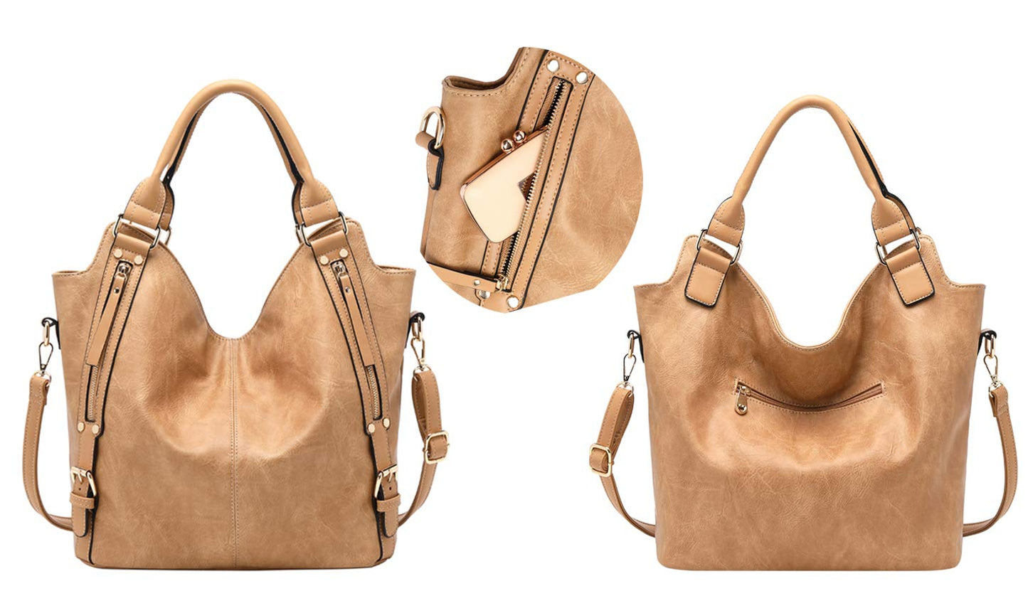 Women Tote Bag Handbags PU Leather Fashion Hobo Shoulder Bags with Adjustable Shoulder Strap (Apricot, M)