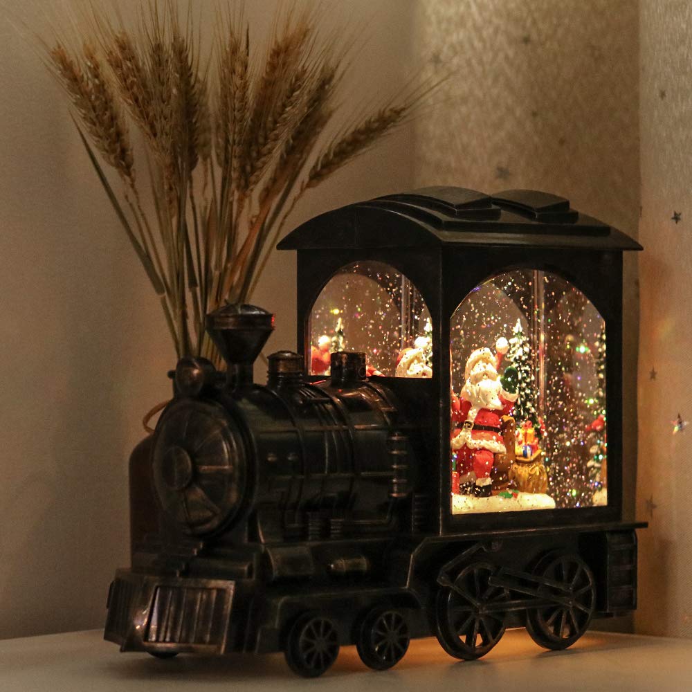GenSwin Music Lighted Train Snow Globe Lantern Water Snowing Glittering Battery Operated with Timer, Christmas Santa Claus Musical Lighted Home Decoration and Gift(Copper)