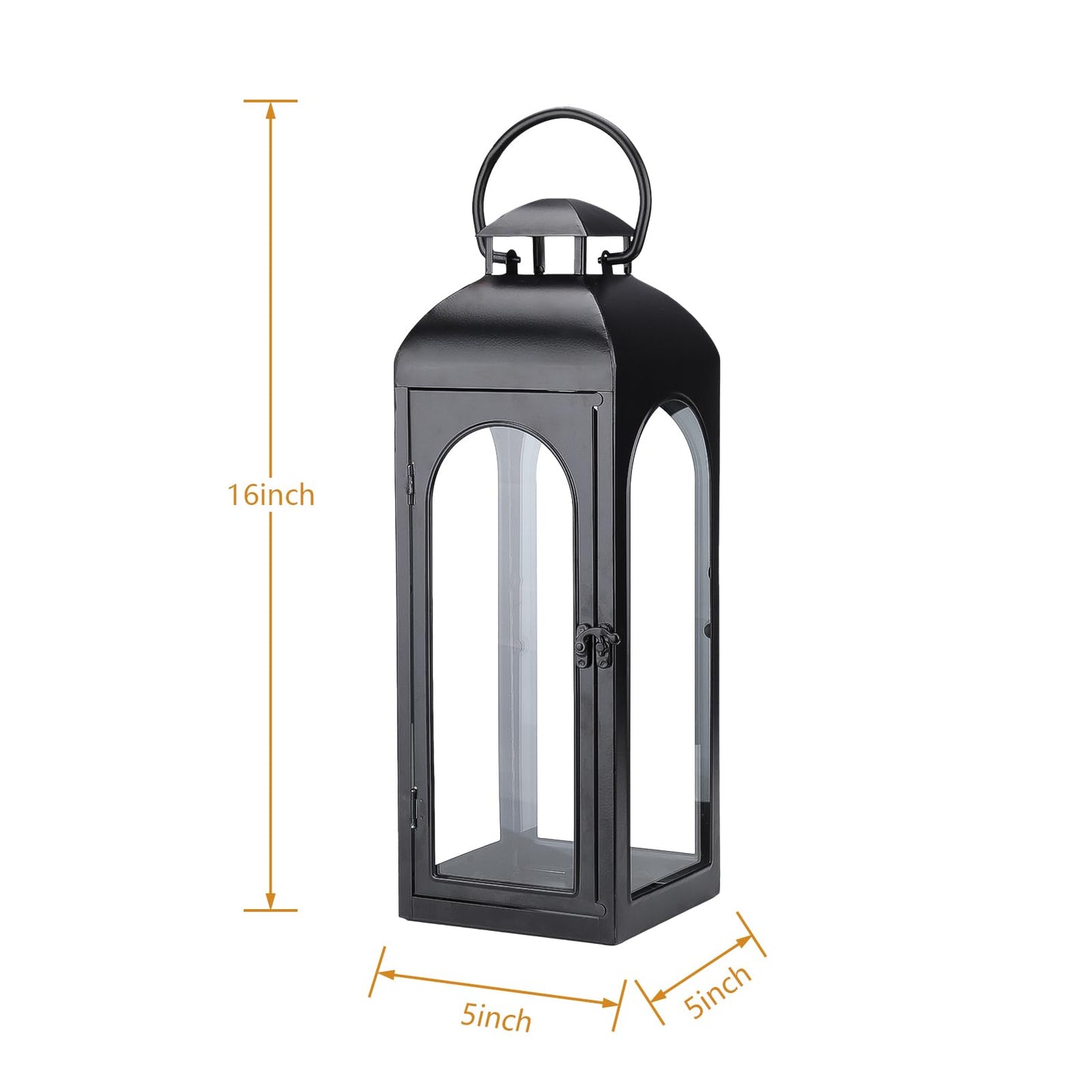 Bdor 2 Pack Luxury Black Metal Lanterns – 16" Tall Modern Hurricane Candle Lanterns with Tempered Glass Panels for Front Porch, Tabletop, Mantel, Wall Hanging, Garden, Indoor & Outdoor Décor