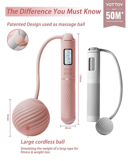 YOTTOY Skipping Ropes for Adults -Cordless Counter Jump Rope with Large Cordless Ball-Weighted Jump Rope for Women with LCD Display