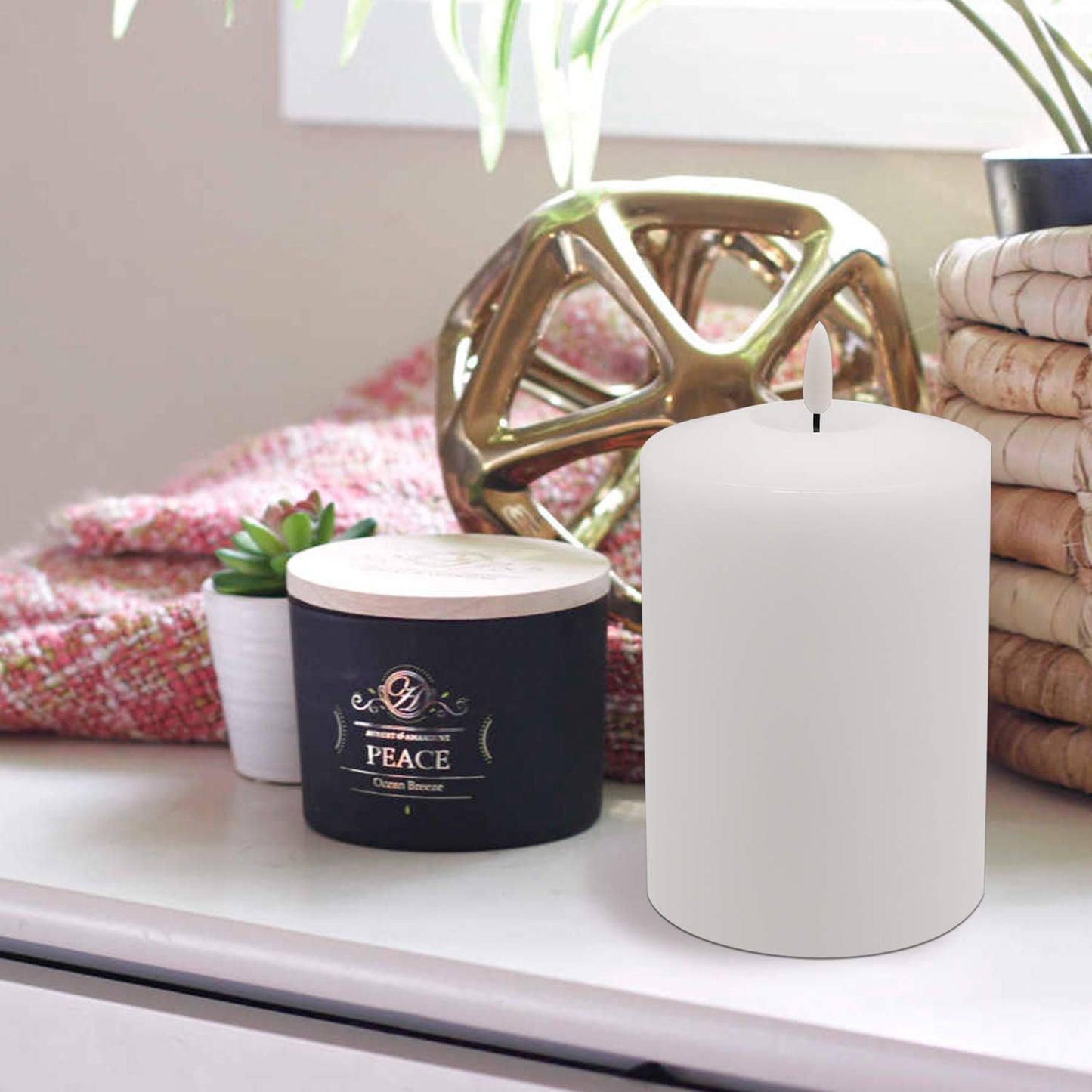 GenSwin 4” x 6.5” Flameless Flickering LED Candles Battery Operated with 6H Timer, Warm Light Real Wax Pillar Votive 3D Wick Candles, Perfect for Party/Wedding/Home Decor(White)