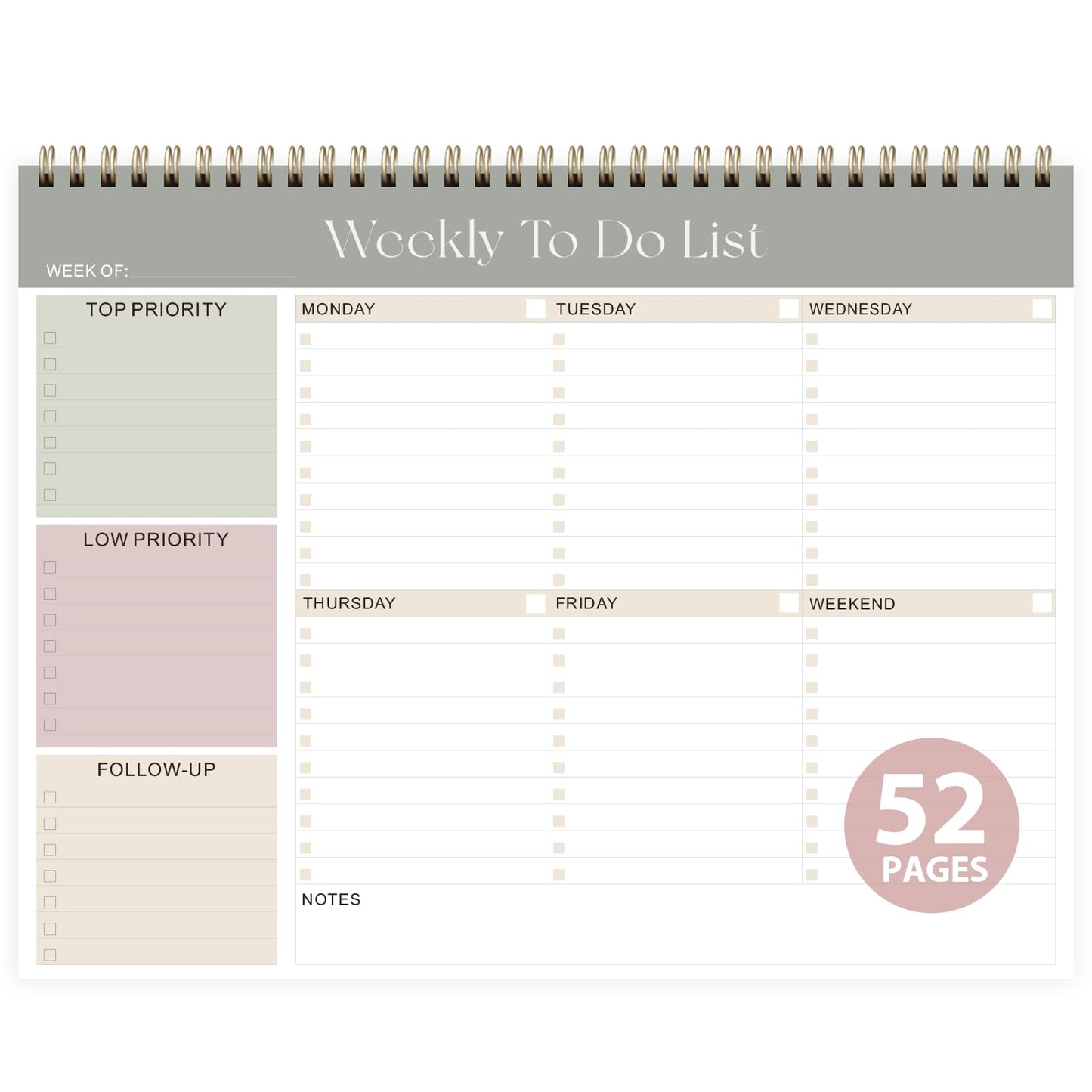 Weekly To Do List Notepad, Undated Planner with 52 Sheets (8.5''x11''), Desk Weekly Planner for Women & Man, Home School & Work