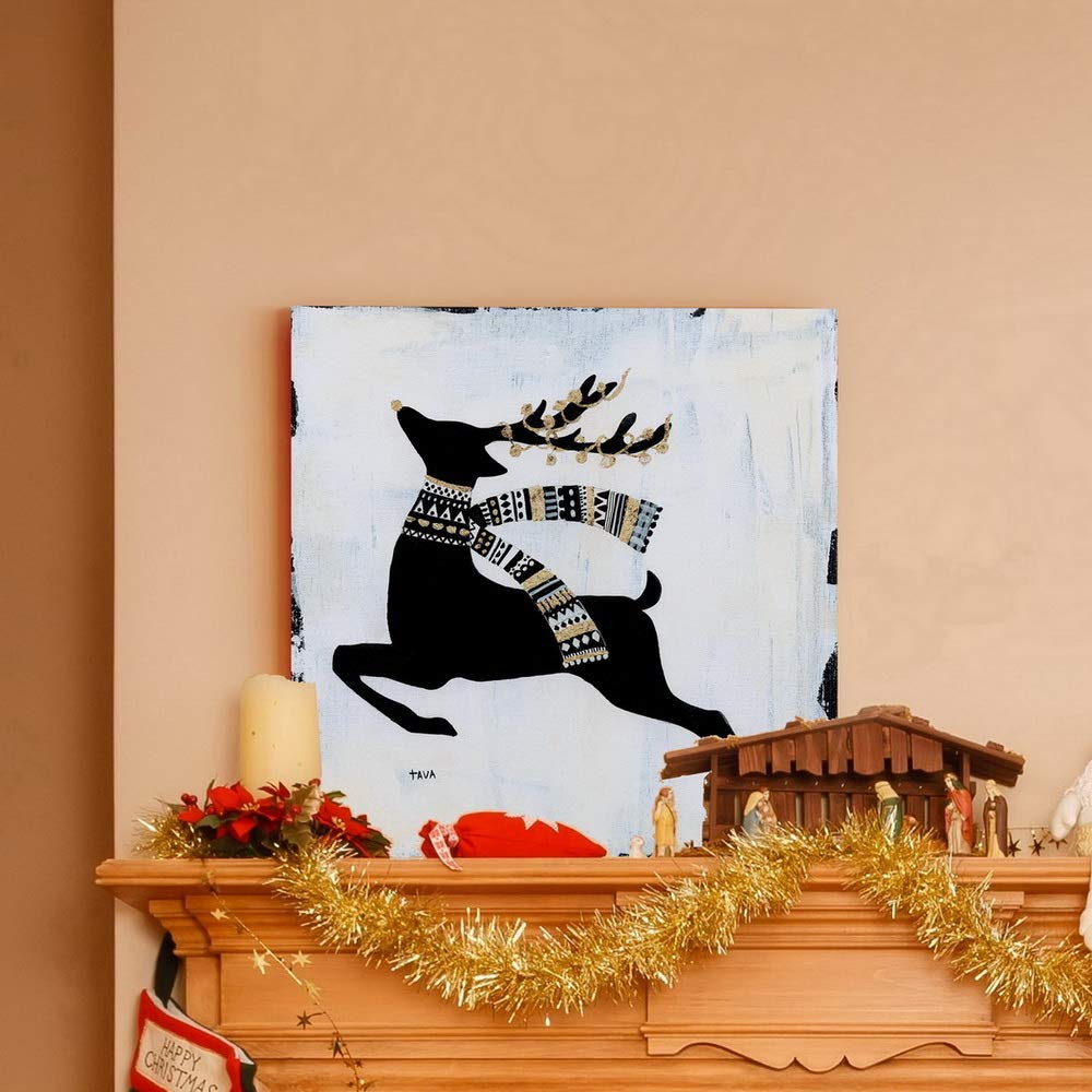 Renditions Gallery Christmas Reindeer Wall Art, Cute Winter Artwork, Black, Gold, & White, Tribal Patterns, Premium Gallery Wrapped Canvas Decor, Ready to Hang, 24 in H x 24 in W, Made in America