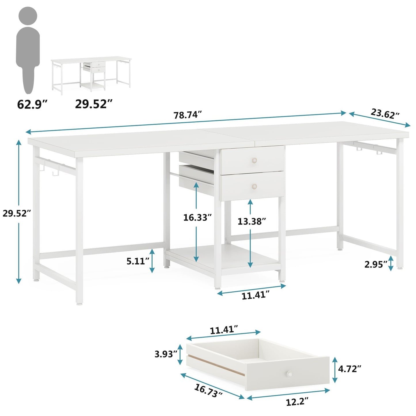 Tribesigns 79 Inch Extra Long Double Desk with 2 Drawers, Two Person Computer Desk with Storage Shelves, Writing Table Study Desk for Home Office, White