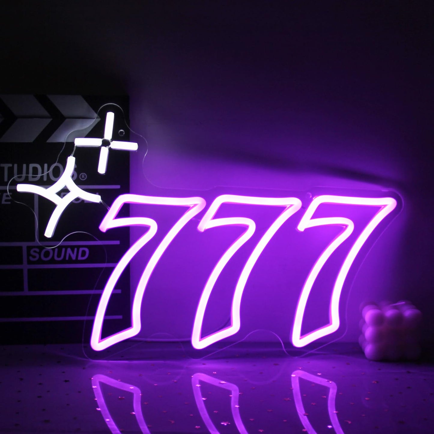 Purple 777 Neon Sign Angel Number Neon Lights Signs Lucky Number Seven LED Neon Signs for Wall Decor White Star Neon Wall Sign 777 Light Up Sign for Bedroom Dorm Birthday Party Y2k Room Decor