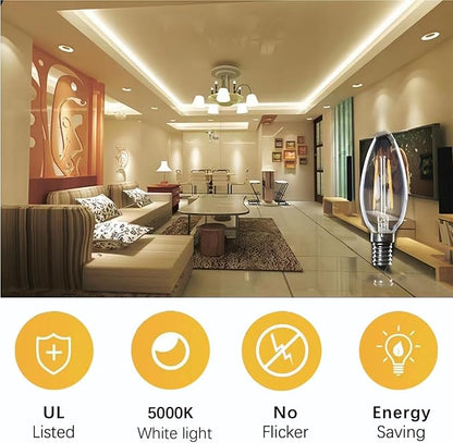 E12 LED Light Bulbs Dimmable 5000K Daylight White 4 watt 40W Equivalent Chandelier Light Bulb Filament LED Candle Bulbs,for Ceiling Fan Home,Candle Lamp,Bedroom Decor. (5000k Daylight White, 12-Pack)