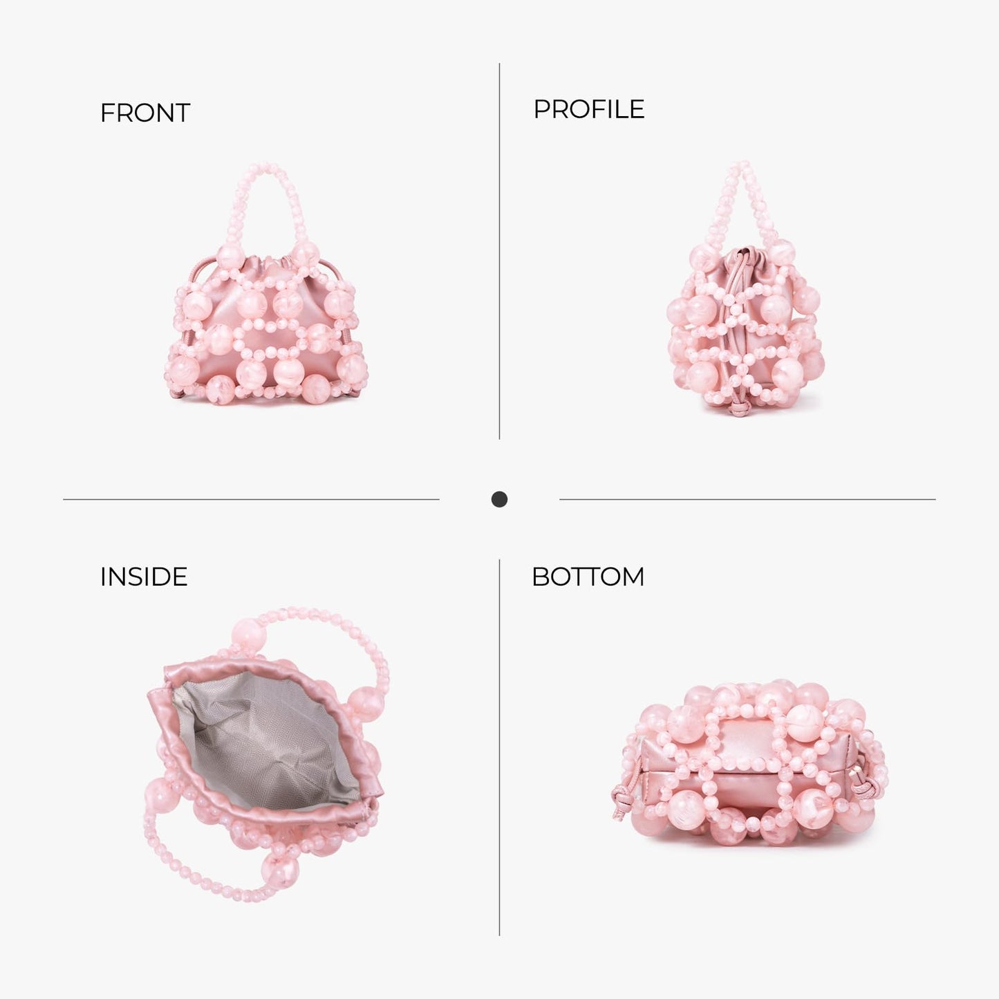 frrbuu Pink Beaded Handbag, Drawstring Closure with Beaded Handle, Detachable Silver Chain Strap, Mini Crossbody Bag