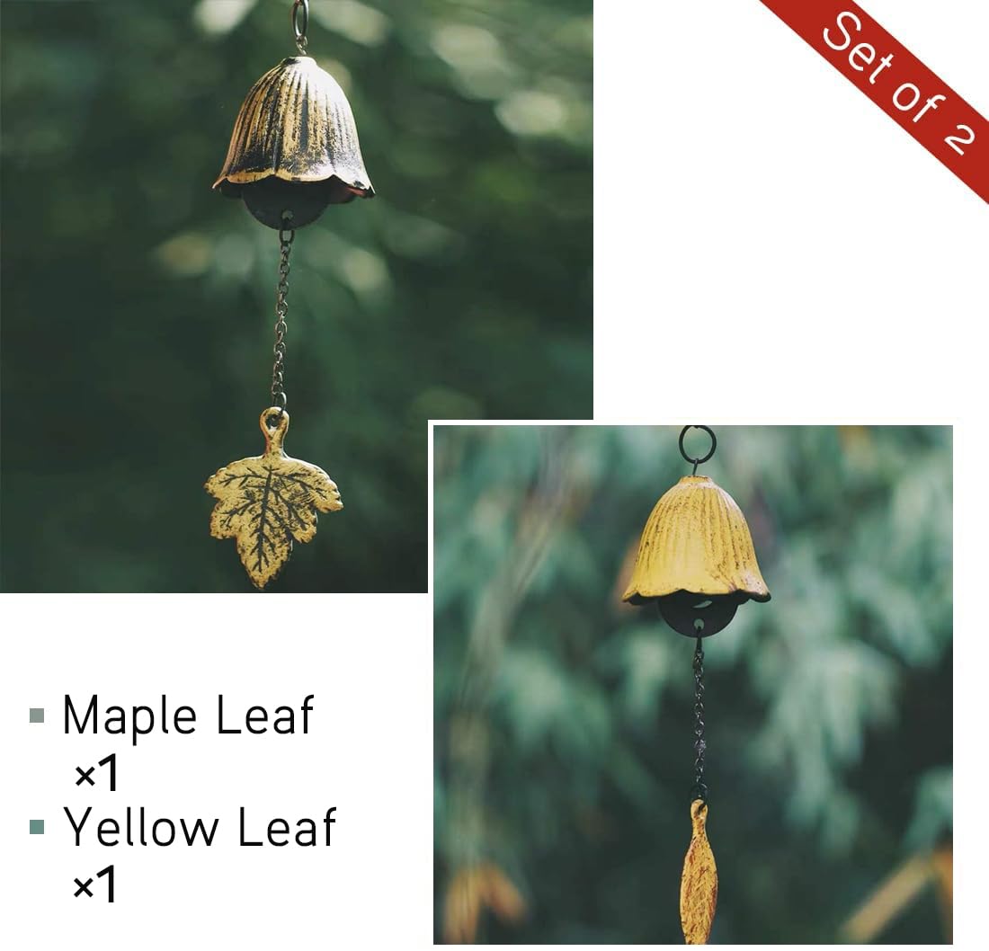 Set of 2, Japanese Traditional Lucky Small Wind Chimes for Outside, Iwachu Cast Iron Bless Temple Wind Bell Memorial and Sympathy Leaf Wind Chimes Indoor Garden Bell, Patio (Maple Leaf and Yellow Leaf