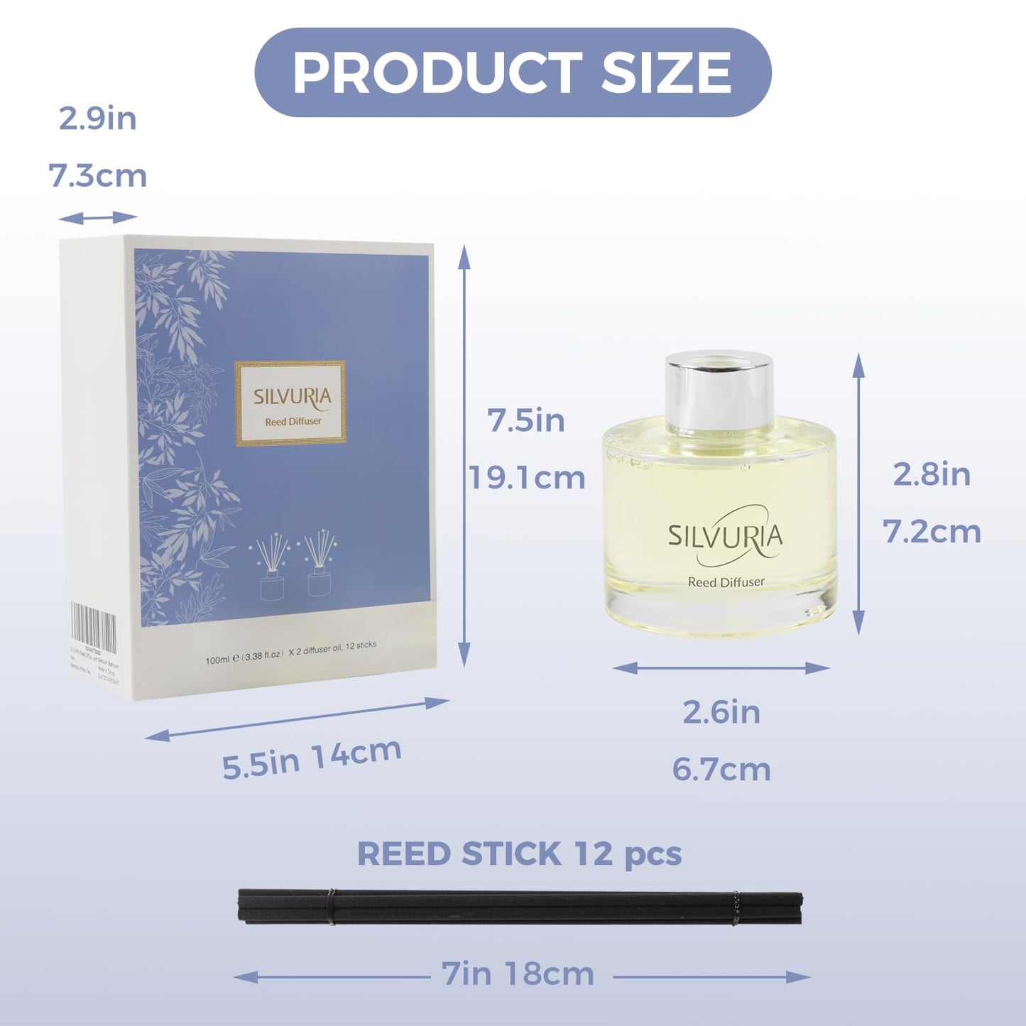 SILVURIA Reed Diffuser Set,2x100ml Bamboo Scented Oil Diffuser with 12 Reed Sticks,Long-Lasting Home & Office Fragrance for Living Room,Bedroom