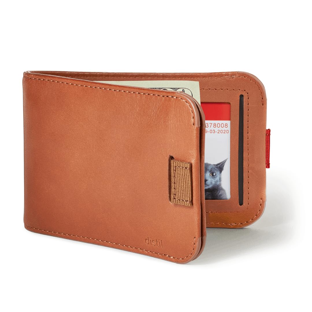 Distil Union Wally Bifold 5.0 Slim Bifold Wallet for Men – Minimalist RFID Leather Wallet with ID Window, Pull Tab Card Holder & Money Clip - Holds 14 Cards & 30 Bills - Brown