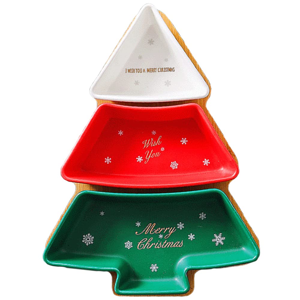 ROSE CREATE Colorful 11.6 Inches Big Colorful Snack Appetizer Trays Set, Christmas Tree Dessert Serving Dishes, Snack Platter, 3 pcs Removable Porcelain Plates with Bamboo Tree Tray