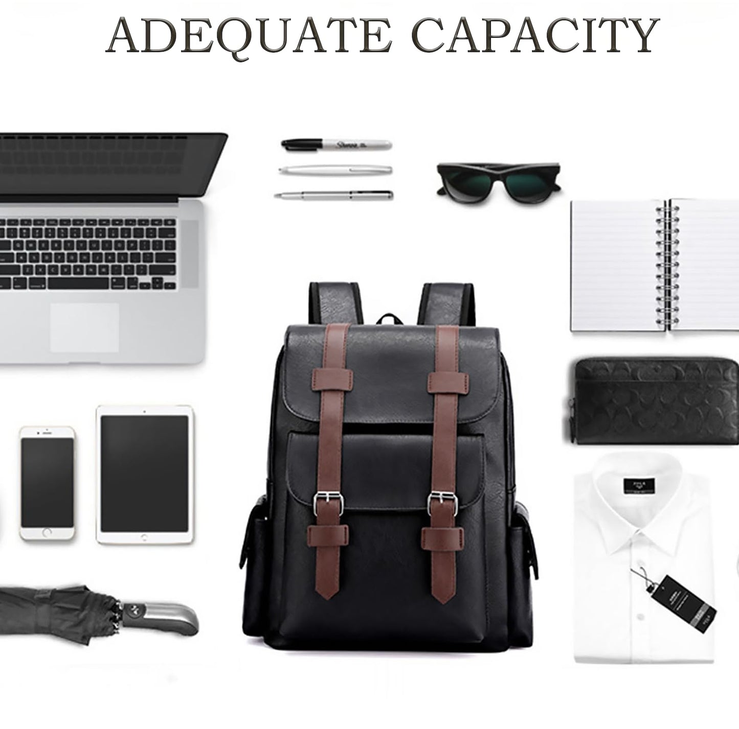 Farcauo Leather Backpack for Men Vintage Laptop Backpack Black Travel Work Backpacks Large Capacity Business Hiking Back Pack