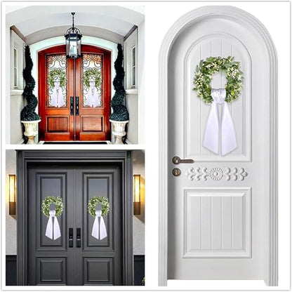 Wreath for Front Door Decor Green Leaves Decorations Outside (2pcs Wreath Sash)