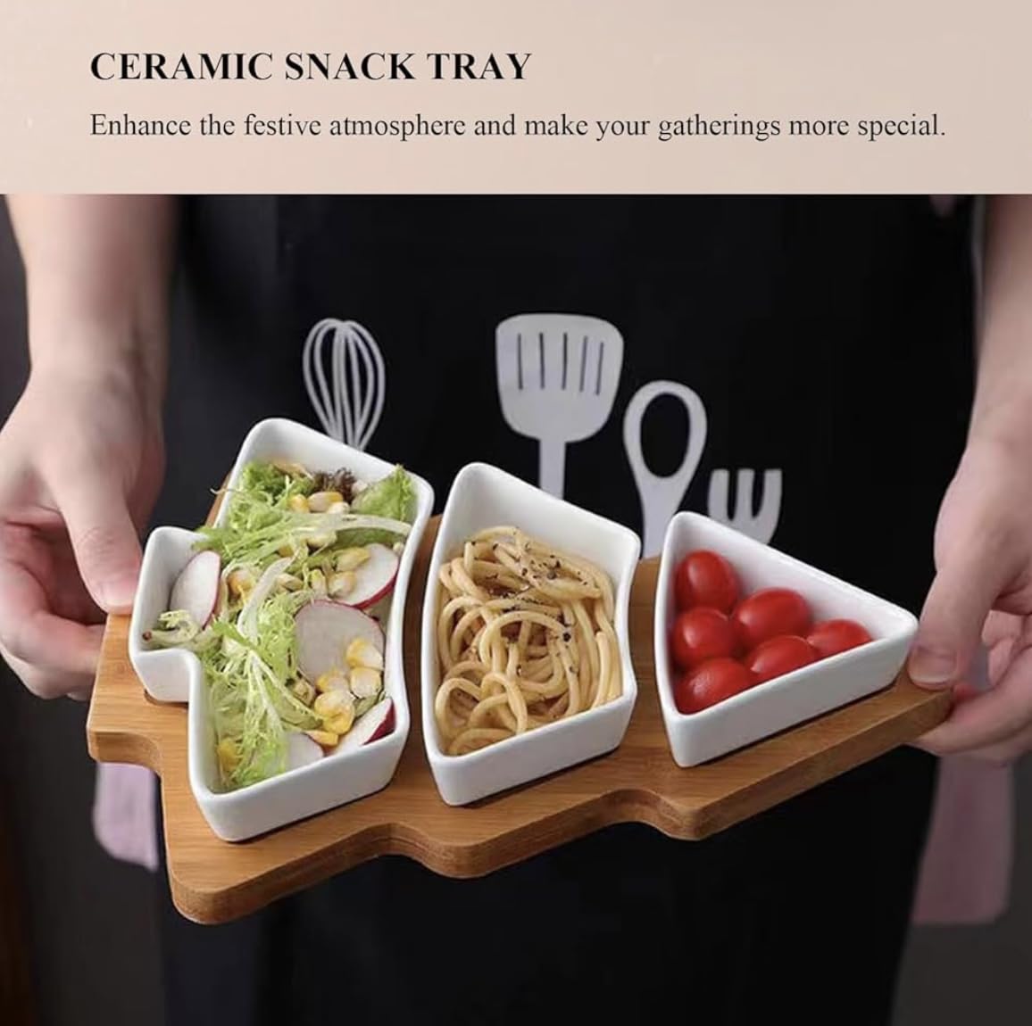 “Christmas Tree Shaped Serving Tray – 3 Tier White Ceramic Plates with Bamboo Stand – Holiday Snack & Dessert Display Platter”