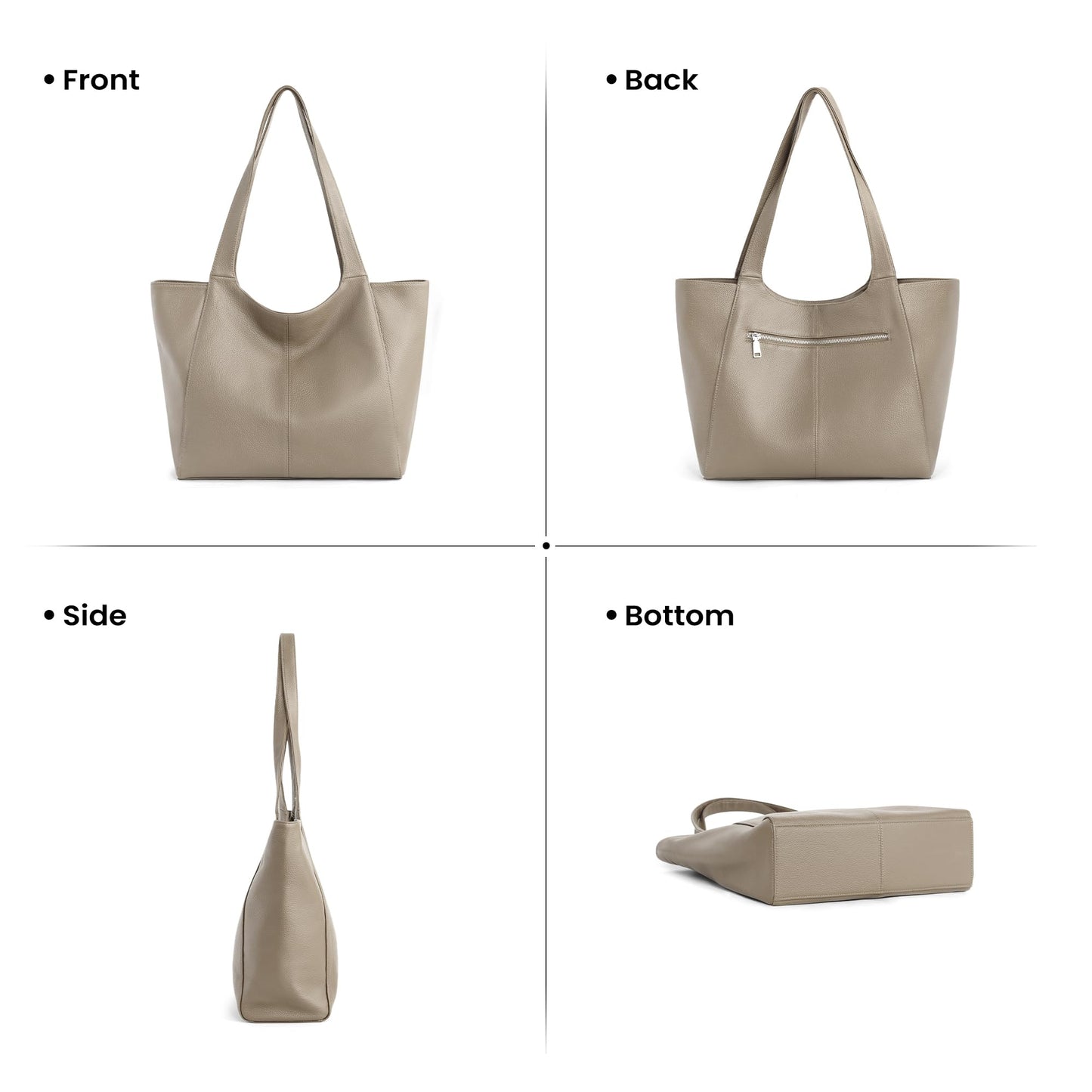 befen Soft Genuine Leather Tote Bag for Women with Zipper, Slouchy Casual Work Tote Purse Shoulder Weekender Bags Handbag for Daily & Travel Taupe