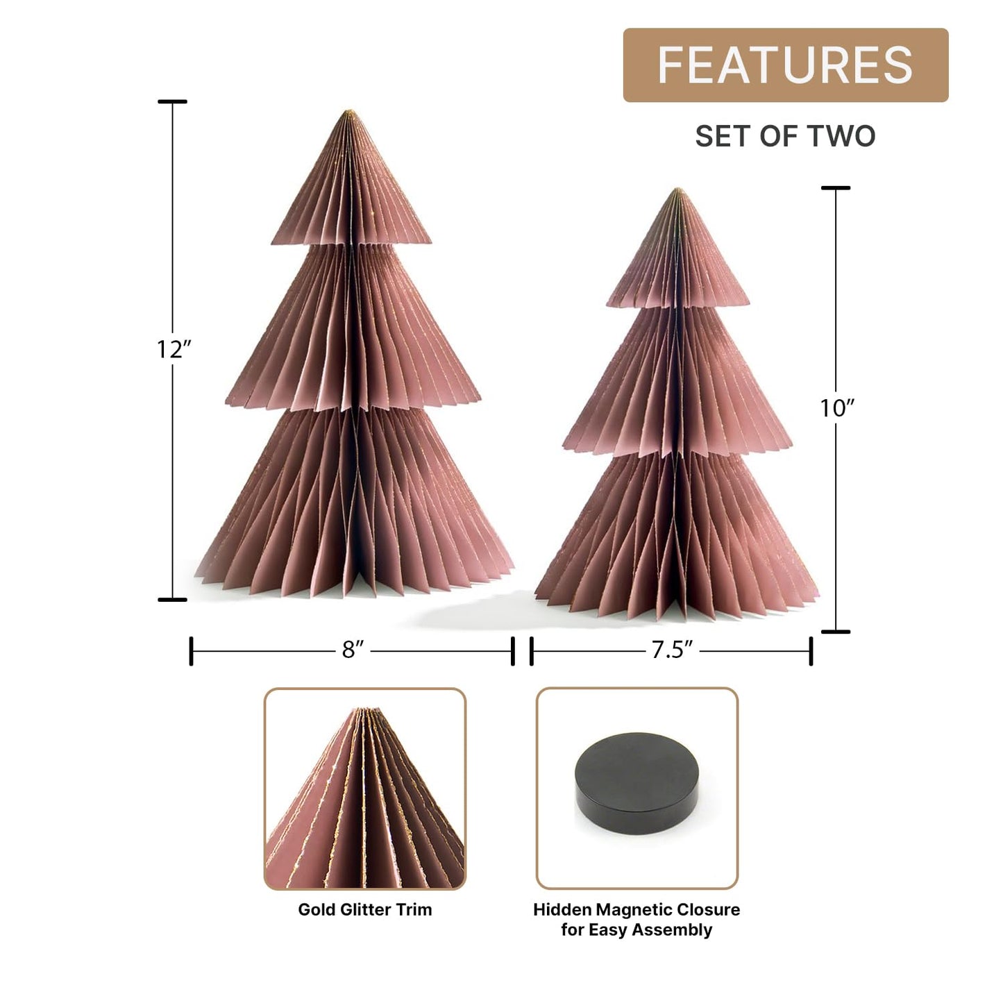 LampLust Paper Christmas Tree Decor, 2 Pack Dusty Rose Honeycomb Paper Trees, 10" & 12", Pink Decor, Winter Wonderland Decorations, Winter Decoration for Home, Winter Mantel Decor