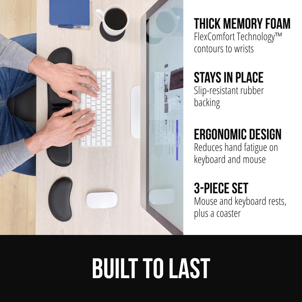 GORILLA GRIP Silky Memory Foam Keyboard Wrist Rest for Computer and Mouse, Ergonomic Typing Support Pad, Desk Office Supplies, Gaming Accessories, Hand & Arm Mousepad Cushion and Coaster Set, Black