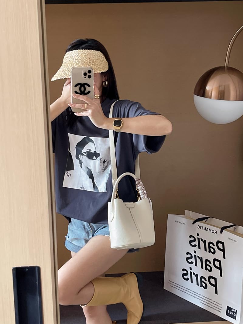 RTPRTP Small Crossbody Bags for Women, Vegan Leather Mini Bucket Handbag with Scarf, Removable Shoulder Strap Purse (white)