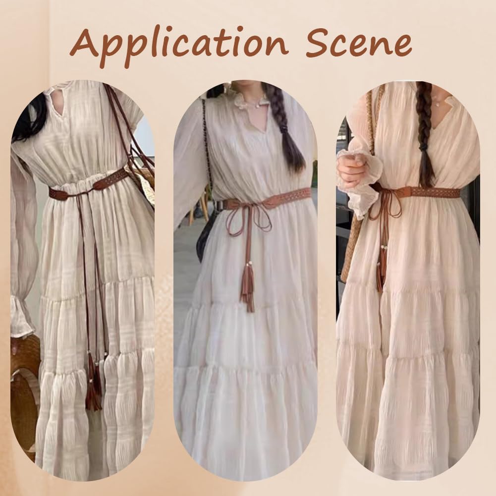 CALFOVERA Woven Knotted Waist Belt PU Leather Boho Tassel Waistband 66.54 x 1.12 Inch Vintage Bohemian Hollow Belt with Wax Rope Western Ethnic Macrame Waistband for Women Dress Skirt (Bisque)