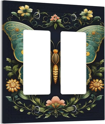 Butterfly Ornate with Flower Dual Outlet Covers Wall Plate 2 Gang Rocker Decora Decorative Switchplate Electrical Faceplate GFCI Light Switch Covers for Farmhouse Living Decor