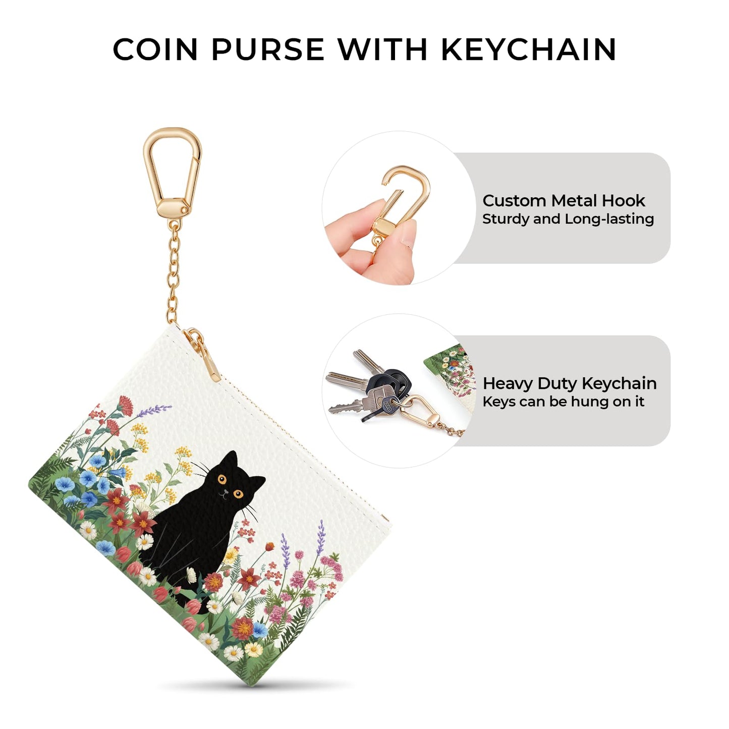 Sukyerios Black Cat Flower Floral Keychain Coin Purse for Women, Small PU Leather Change Pouch, Zipper Little Tiny Travel Wallet for Girls, Cute Kawaii Zip Pocket Coin Holder with Key Ring