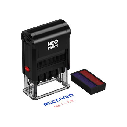 NEO MARK Self-Inking Date Office Stamp with Received Blue Ink & Date Red Ink, 12-Year Adjustable Rubber Dater, Ideal for Documents, Business & Accounting - with an Extra Refill Ink Pad