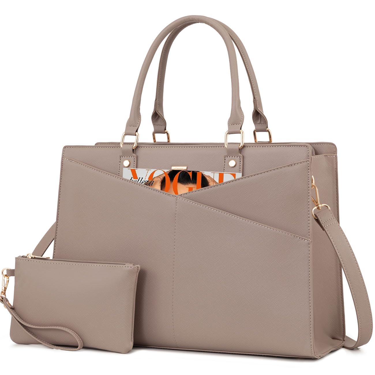 LOVEVOOK Laptop Tote Bag for Women, Leather Business Office Work Bag Computer Briefcase with Small Clutch fit for 15.6 Inch Laptop,Light Khaki