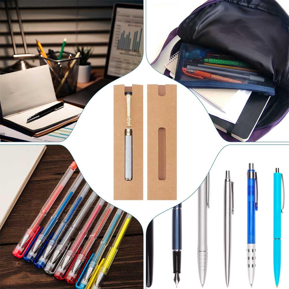 NBEADS 50 Pcs Kraft Pen Gift Boxes, Burlywood Slip-in Pen Packaging Box with Window for Pencil Ballpoint Fountain Pen Display Christmas Gift and Office School Supplies, 6.1x1.57inch