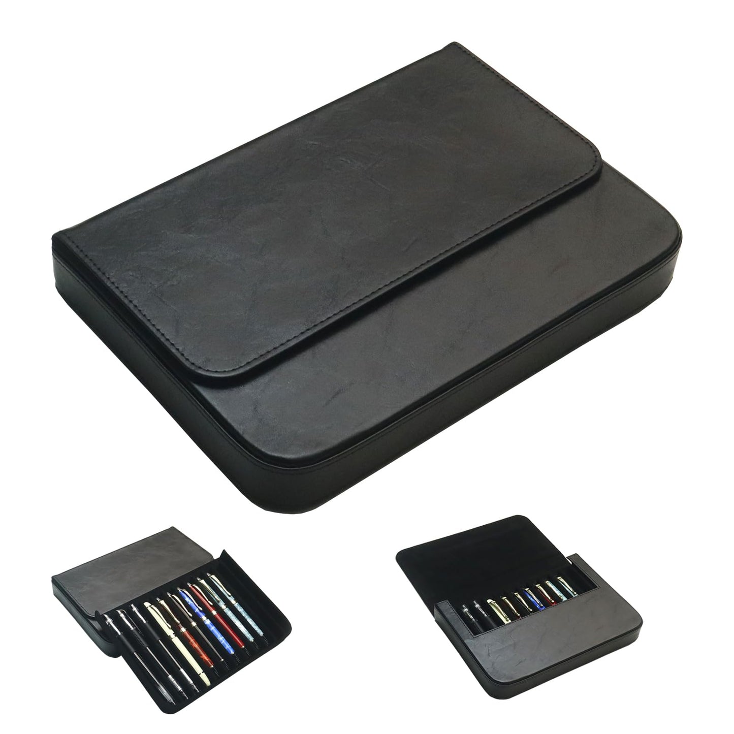 MIVLXLX PU Leather 12 Fountain Pen/Pencil Tray Case Organizer, Fashion Design, Handmade, Magnetic Closure with Drawer, Christmas Gift for Man/Woman/Office, 12 Slots(black)
