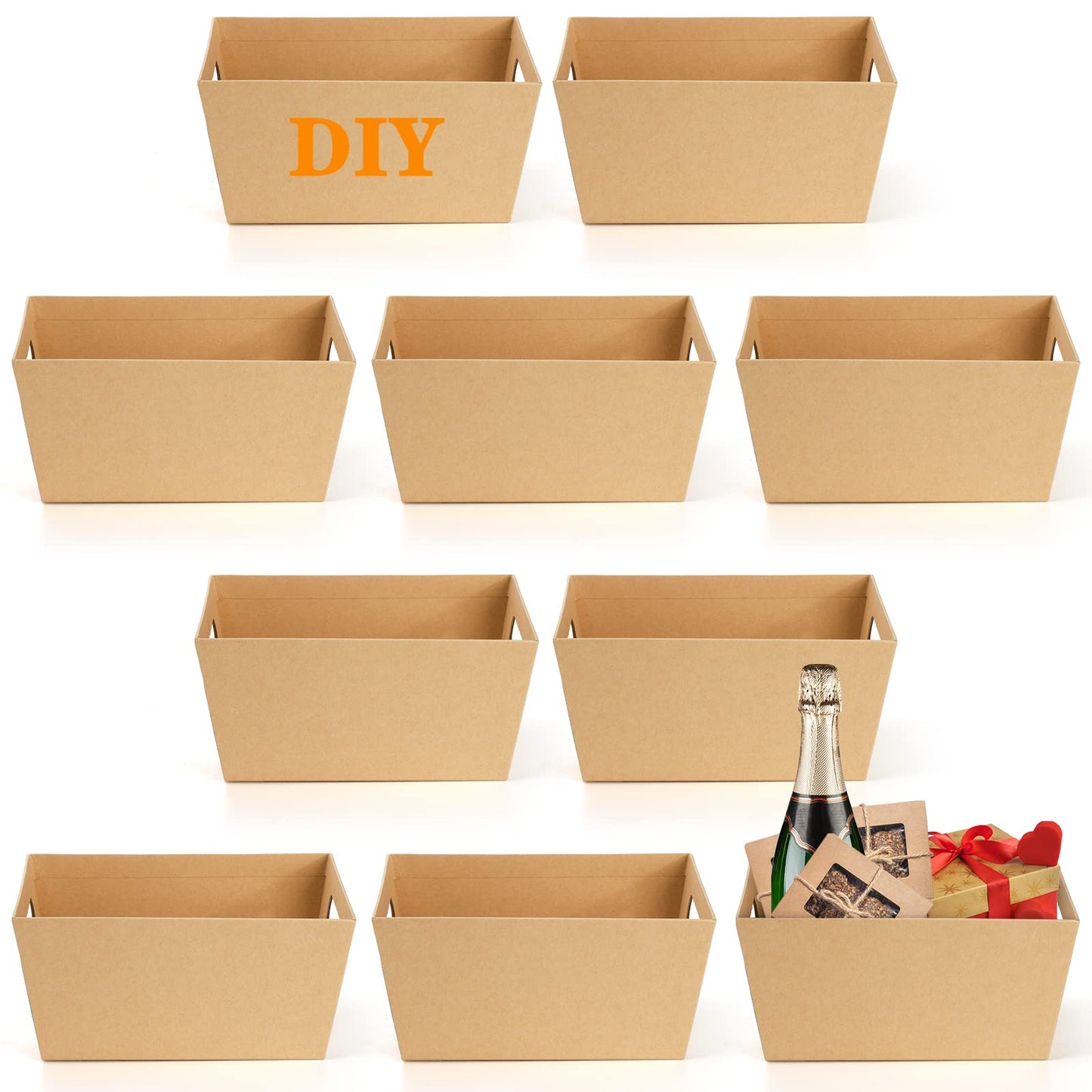DEAYOU 10 Pack Gift Basket Empty, 10" x 8" Kraft Basket With Handle, 5 LB Cardboard Gift Baskets Market Tray, Large Brown Paper Baskets Holder Container for Wine, DIY, Food, Snacks, Crafts, Easter
