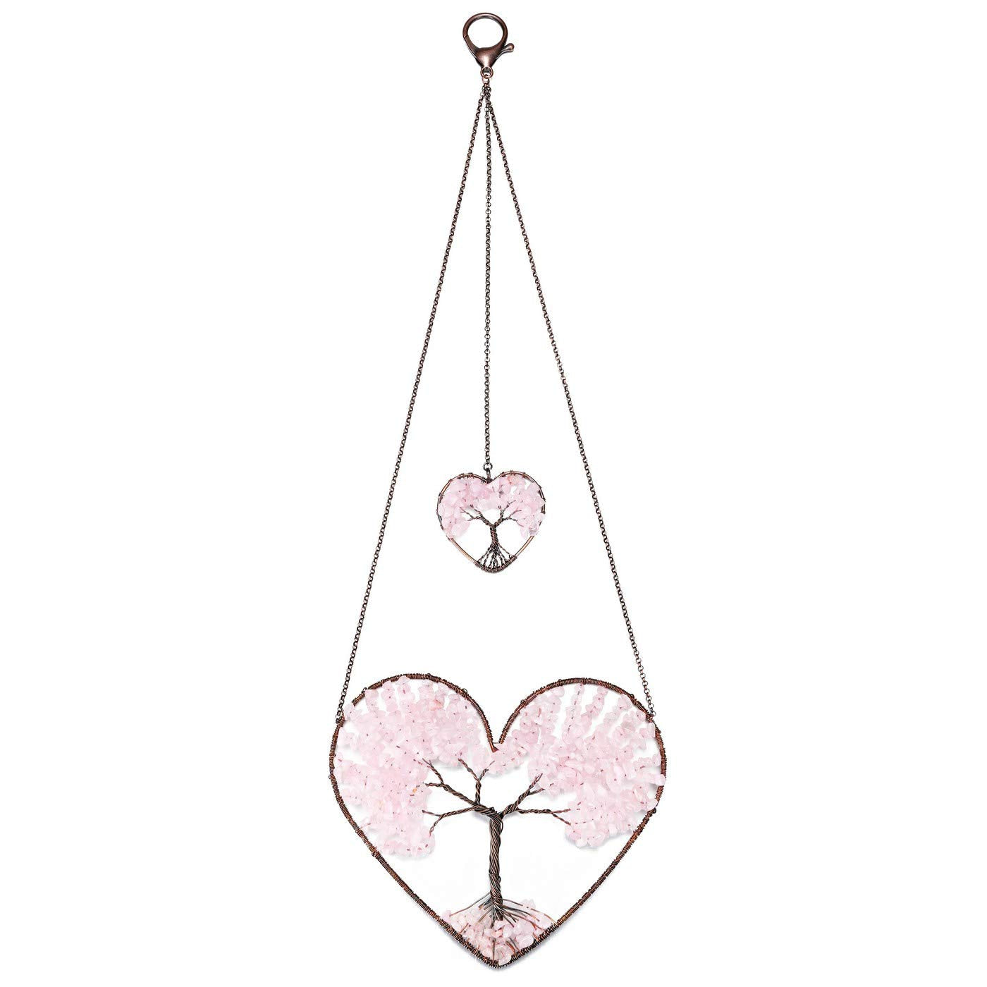 PESOENTH Rose Quartz Crystal Tree of Life Heart Wall Hanging Decor Gifts for Women,Bohemian Pink Healing Crystals Reiki Stones Ornaments Spiritual Gifts Christmas Tree Home Hanging Decorations