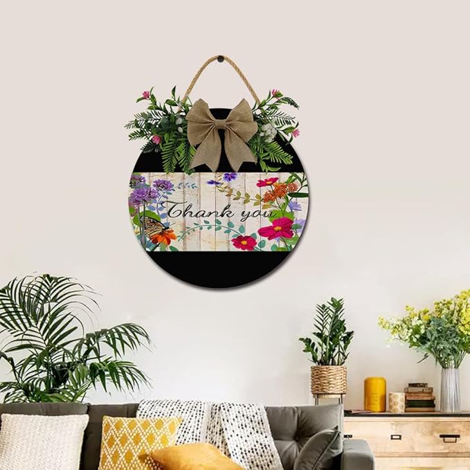 A Garden Thank You Front Door Sign Funny Wreaths Hanging Wooden Plaque Decoration Round Rustic Wood Farmhouse Porch Decor for Home Front Door Decor, 11 x 11 Inch