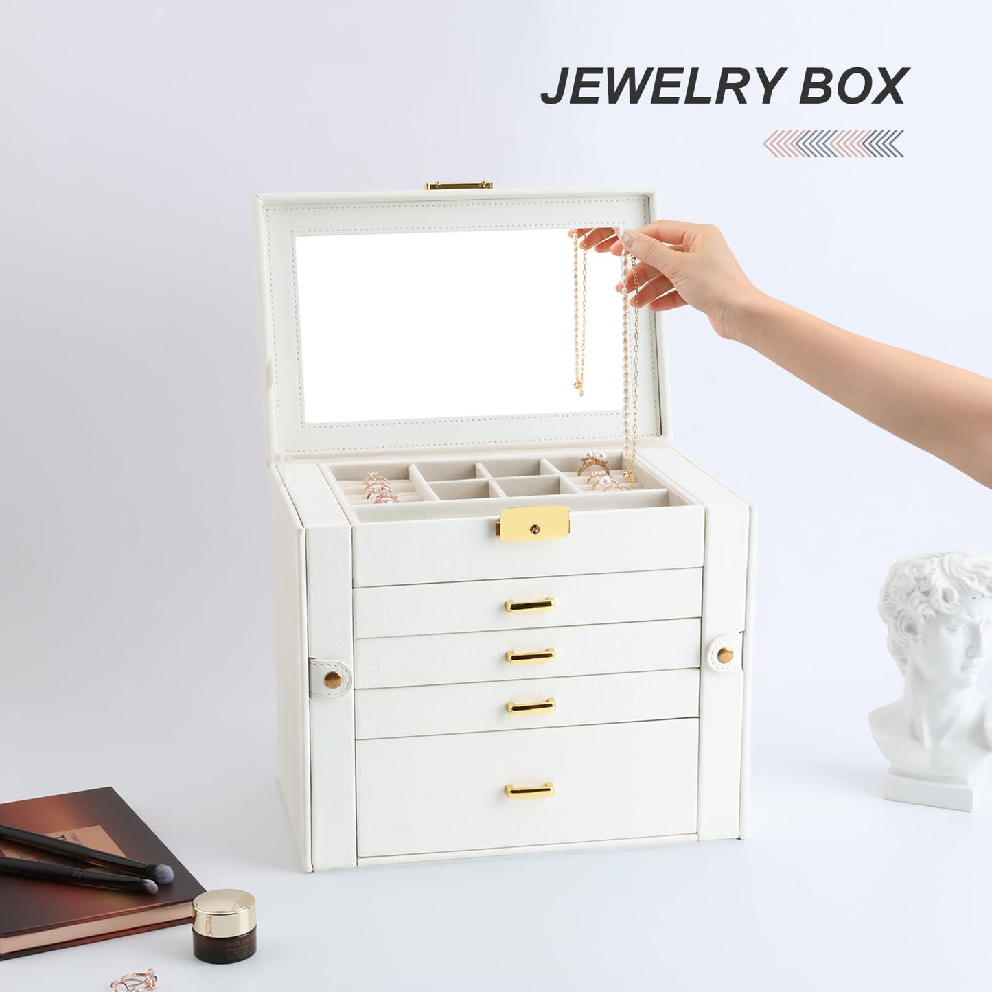 V-LAFUY Jewelry Holder Organizer, Large Jewelry Boxes for Women, 5 Layers 4 Drawers Jewelry Box with Handle Jewelry Organizer for Earrings Rings Necklaces Bracelets, White
