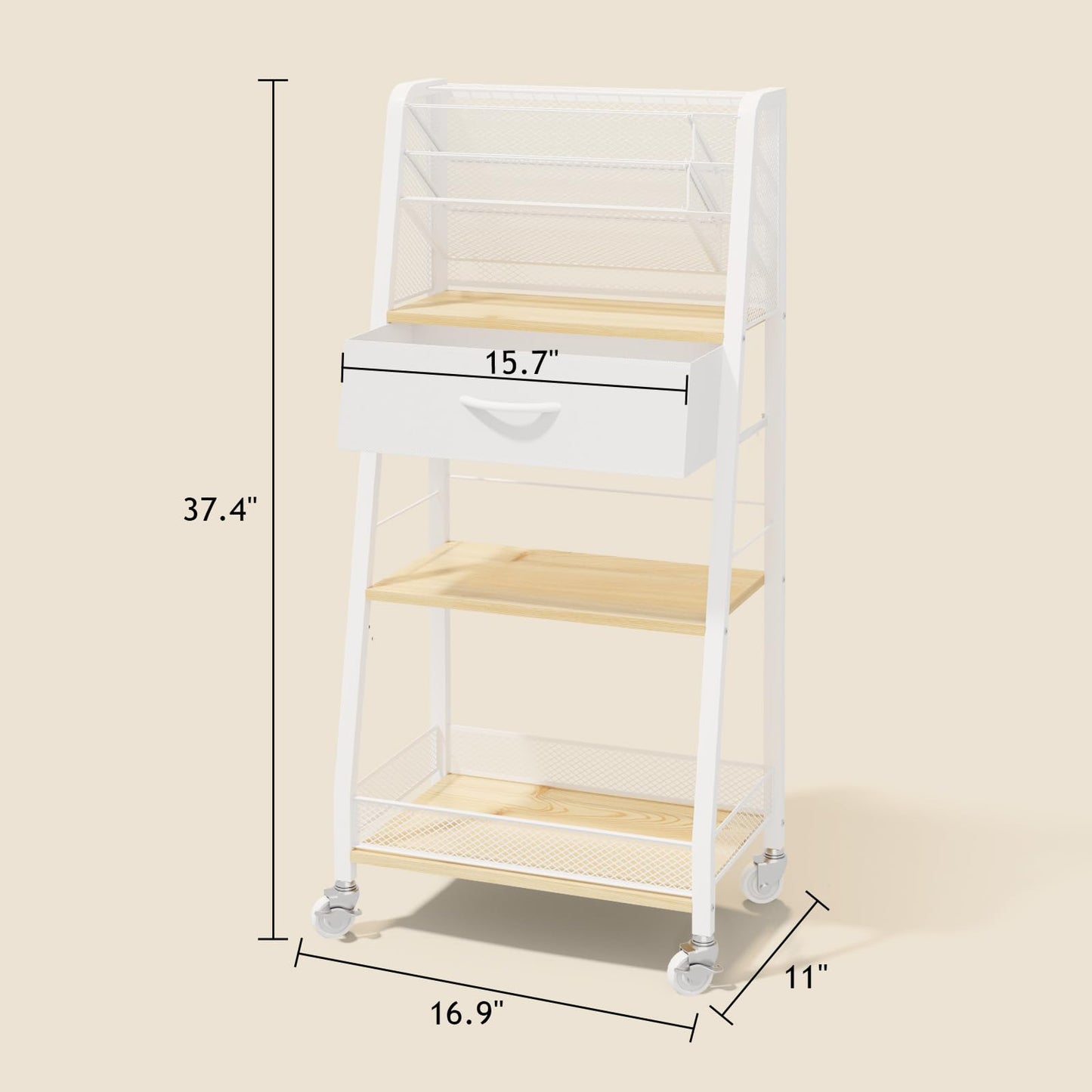 Homsorout 3 Tier Rolling Cart - Metal Utility Cart with Storage Drawer and Wheels, Versatile Art & Craft Organizer for Home, Office, or Studio - Ideal for Storing Brushes, Paints, and Supplies（Maple）