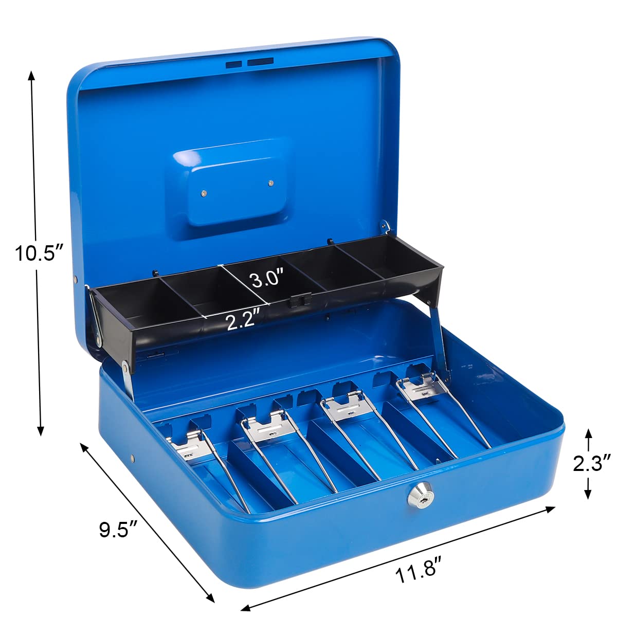 Parrency Cash Box with Key Lock，Durable Metal Cash Box with Money Tray，Lock Box Safe Storage Security Locker，Blue