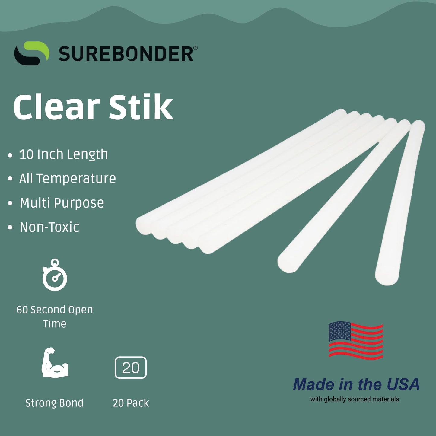 Surebonder Full Size Hot Glue Sticks Long, 20-Pack, Clear, Non-Toxic, Multi-Temp, 10-Inch x 0.43-Inch for Full Size Glue Guns, DIY, Arts, Crafts & Home Repairs