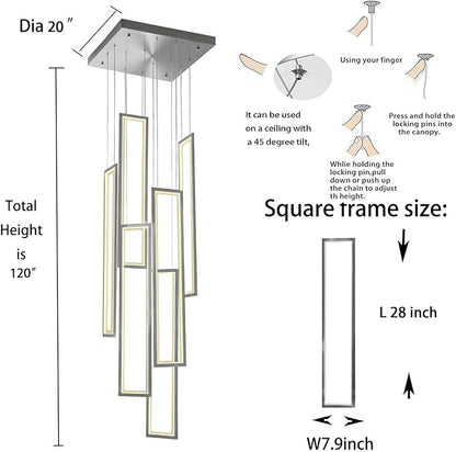 Flashing God Modern Chandelier,Silver Chandelier with 6 Ring Led Foyer Chandeliers,Larger High Ceiling Chandelier for Living Room,Square Chandelier for Entryway Staircase LED Dimming 2700k-6001k