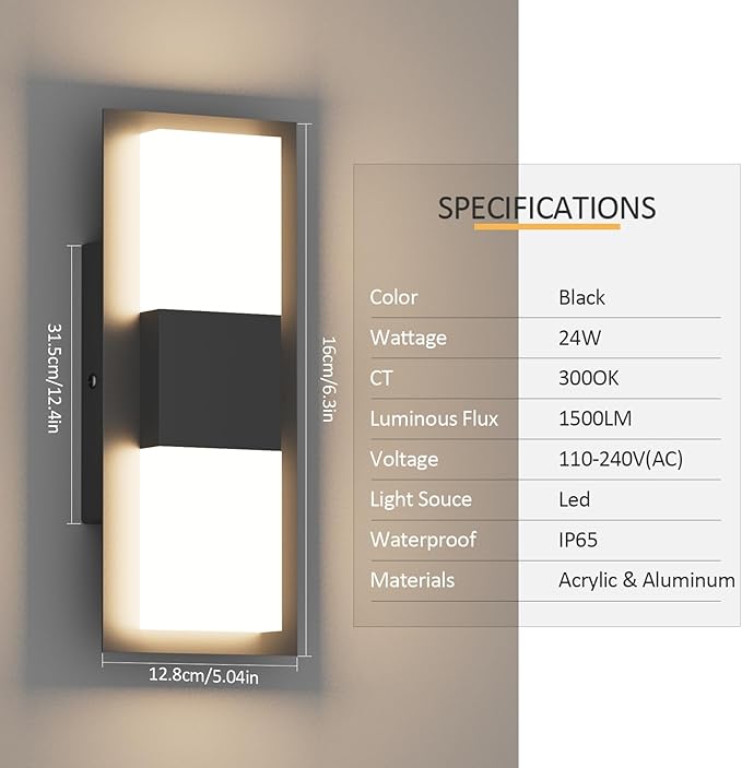 12inches Modern Outdoor Led Wall Light,30W 3000K Porch & Patio Hardwired Sconces with White Clear Acrylic Lampshade,IP65 Waterproof Aluminum Wall Lamp for Garage House Exterior(Black,2Pack)