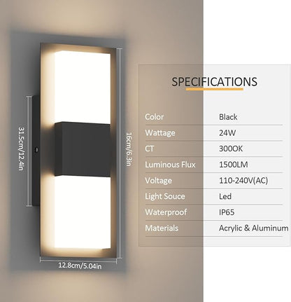 12inches Modern Outdoor Led Wall Light,30W 3000K Porch & Patio Hardwired Sconces with White Clear Acrylic Lampshade,IP65 Waterproof Aluminum Wall Lamp for Garage House Exterior(Black,2Pack)