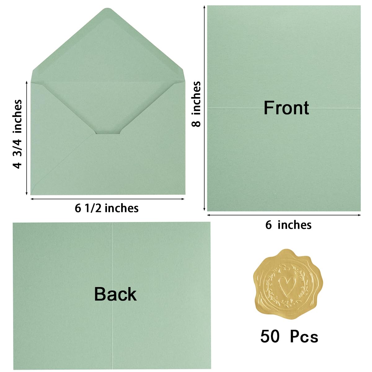 50 Pack Sage-Green A6 Envelopes with Cards 4x6 Thick Folded Cardstock and Gold Stickers for Greeting Cards, Wedding, Birthday, Invitations, Baby Showers (Sage-Green, 4x6)