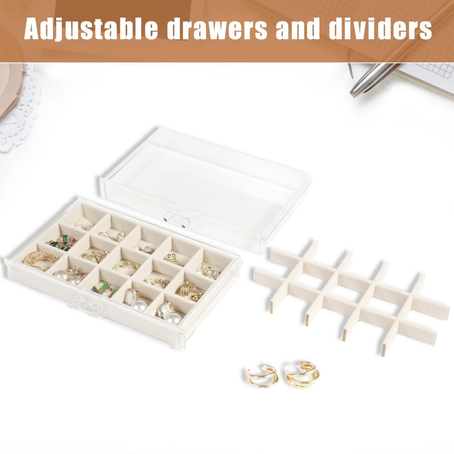 GUOER 5 Drawers Clear Jewelry Box for Women and Girls, Acrylic Earring Holder Organizer Ring Holder Display Storage, Mother's Day Warm White