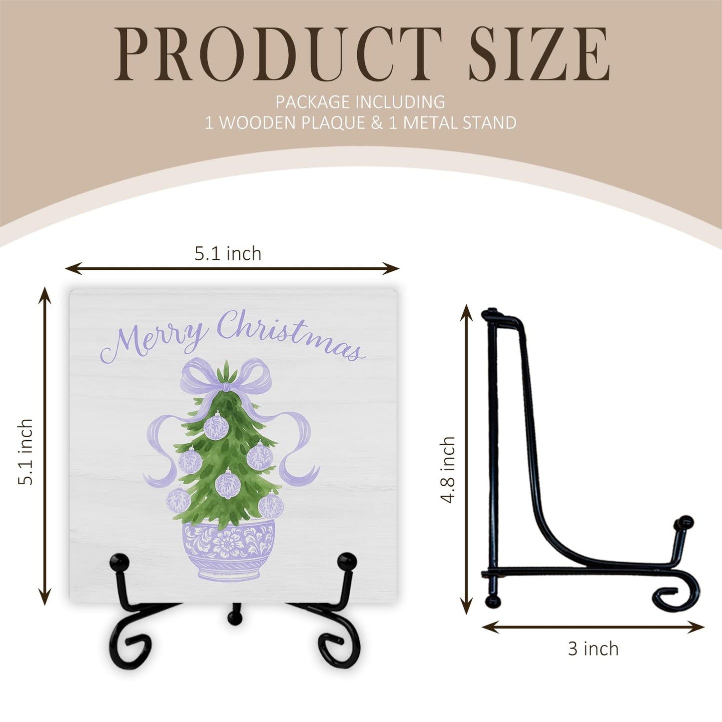 SkipTiger Purple Chinoiserie Christmas Tree Wooden Desk Sign, Grandmillennial Christmas Decor, Preppy Coquette Bow Xmas Bauble Tree Wood Plaque With Stand for Home Office Decorations, 5x5 Inch