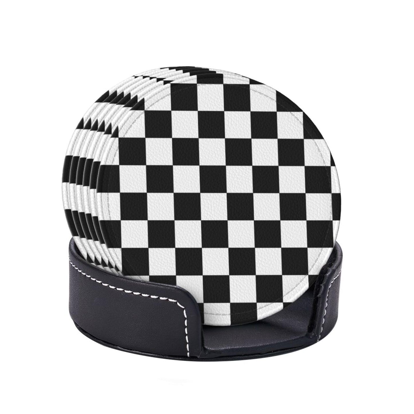 Black Checkered Leather Coasters Set of 6 with Holders for Drinks Cups, White Plaid 3.9" Round Coasters 6 Pcs for Coffee Bar Table Decor