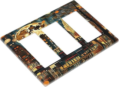 City Light Moon Bus Abstract Art 3 Gang Rocker Triple Outlet Wall Plate Decorative Switchplate Cover Faceplate GFCI Light Switch Covers for Farmhouse Living Decor