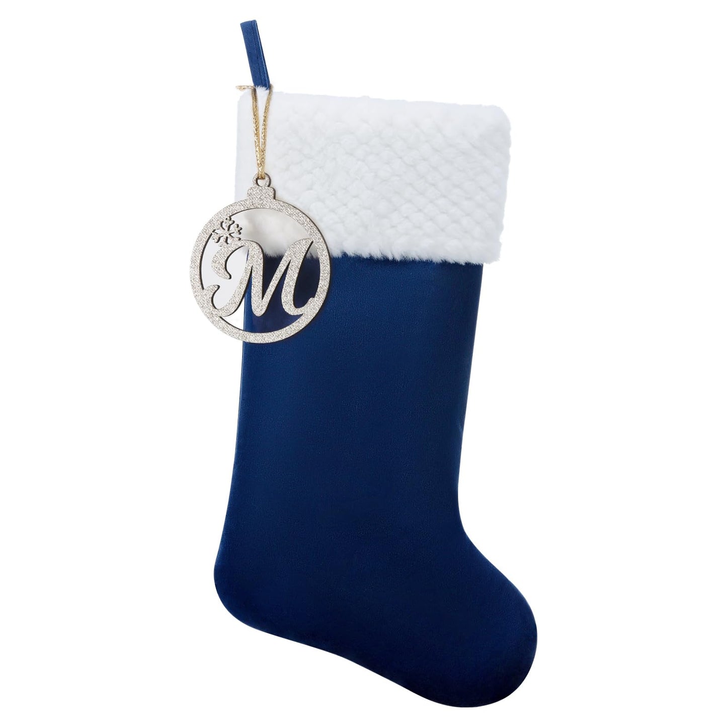 Pxniy Personalized Christmas Stocking, 19.5 Inch Blue Velvet Christmas Stocking with Gold Wooden Letter Ornament - Fireplace Holiday Decor (Blue M)