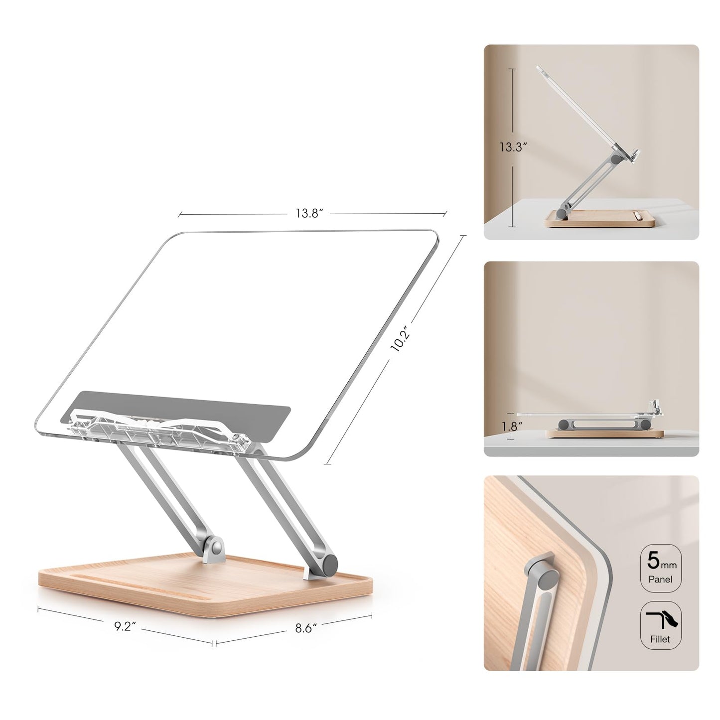 Adjustable Acrylic Book Stand for Reading, Book Holder with Pen Slot, Foldable Desktop Riser for Laptop, Recipe, Textbook - Hands-Free,Cookbook Stand, Clear Design with Page Clips