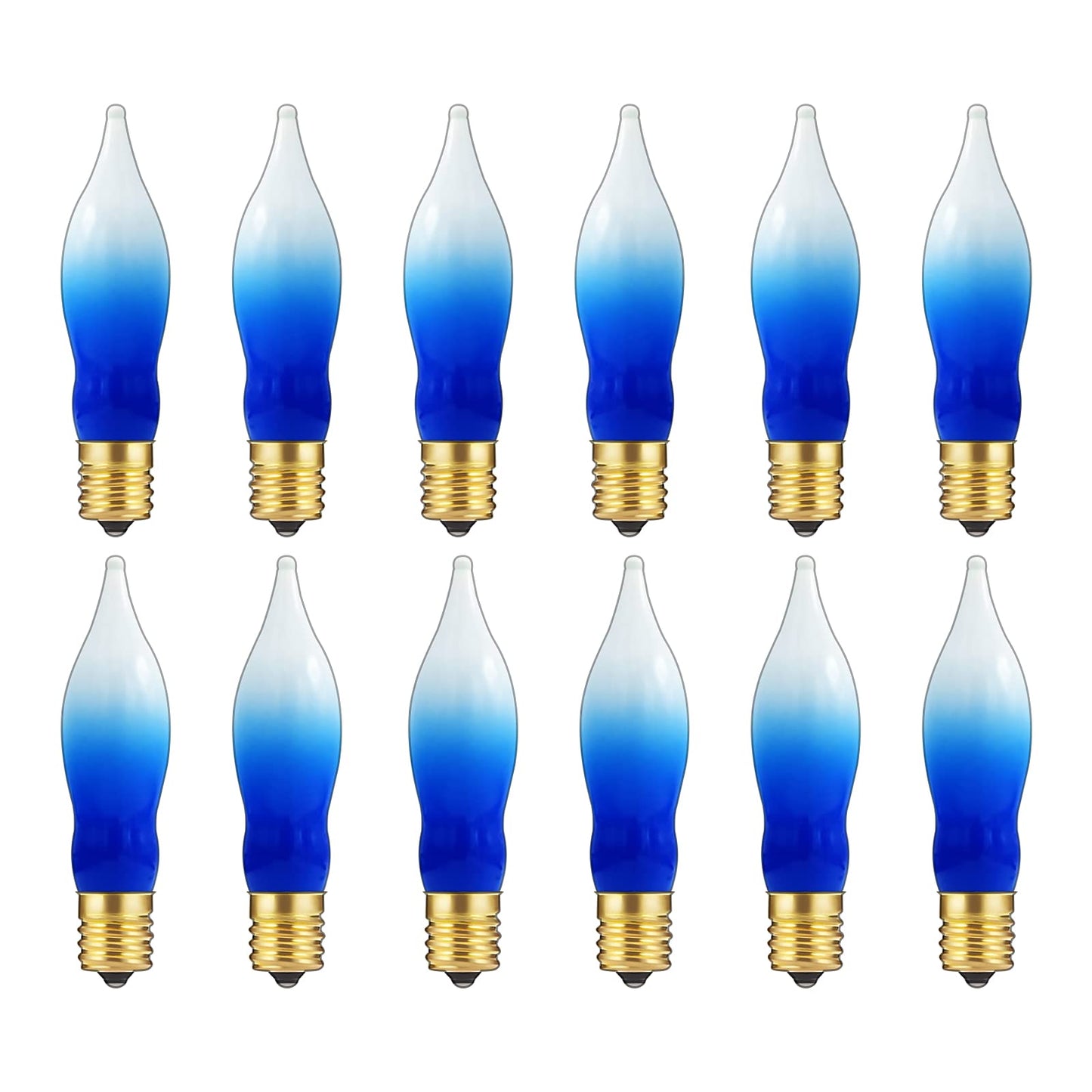 GOOTHY 12 Pack White Blue Christmas Flame Shape Light Bulbs, C18 Candle Light Replacement Bulbs for Christmas Hanukah Electric Candles Chandeliers- 7 Watts /120 Volts/ E12 Candelabra Base- White/Blue
