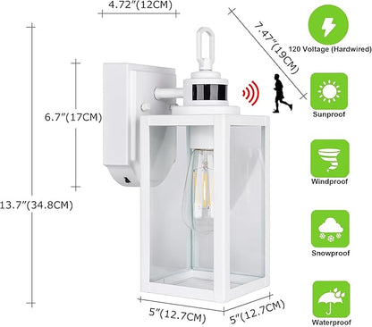 GRUENLICH Dusk to Dawn Outdoor Wall Lantern, PIR Motion Sensor Wall Sconce, E26 Base Max 60W, Metal Housing Plus Glass, White Finish, Bulb Not Included, 2-Pack