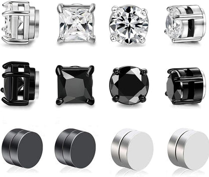 LIUJZZJ 6 Pairs Stainless Steel Magnetic Earrings for Men Women Girls Magnetic Stud Earrings Clips Tunnel Ear Clips Without Ear Hole Non Piercing Earrings Set Black Silver Tone, Stainless Steel